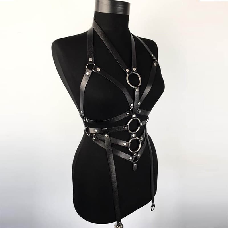 European and American Sexy Leather Strap Top with Accessories Necklace PV Leather Bra Slimming Hollow SM Toy Set