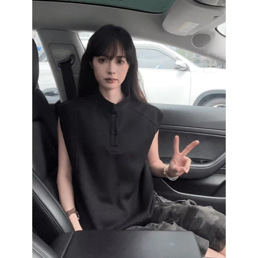 American Streetwear Rebellious Vintage Henley Sleeveless Polo Shirt for Men and Women, Summer T-Shirt with High-End Sense Versatile Top