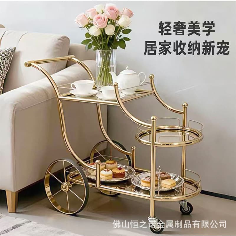 Titanium Gold Luxury Beverage Cart European Style Empress Beverage Trolley Three-Tier Serving Cart Service Cart