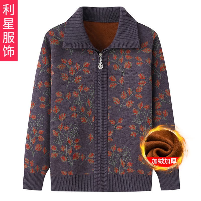 Elderly Women Grandma Spring/Autumn Sweater Cardigan 60-70 Years Old Mom Autumn/Winter Jacket Fleece-Lined and Thickened
