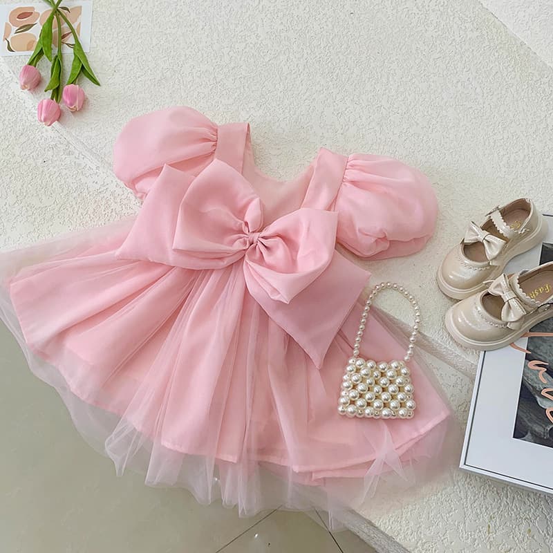 Girls Pink Princess Dress 2026 Spring/Summer New Korean Style Children's Large Bow Dress Baby Tulle Skirt