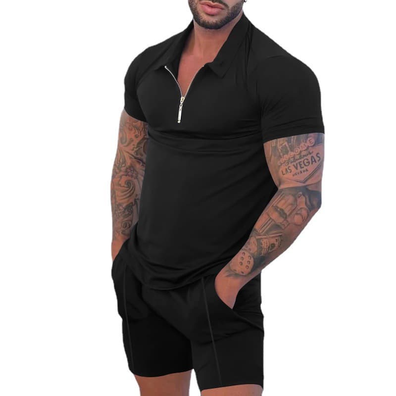 2024 New Cross-Border European and American Men's Fashion Independent Station Source Casual Contrast Color Polo Zip-Up Collar Short Sleeve Set