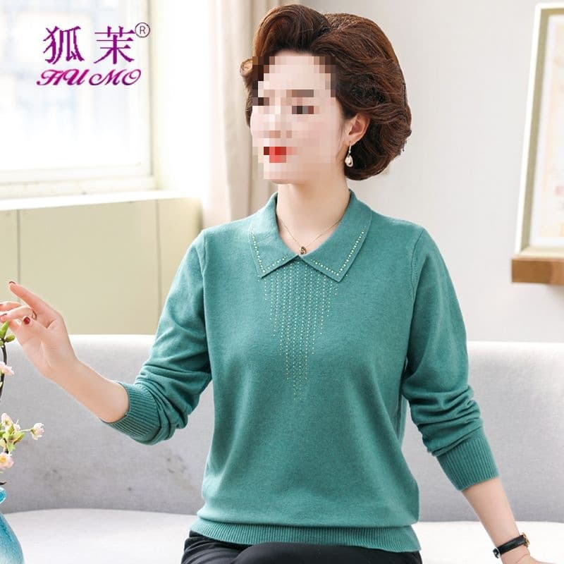 Mother's Spring Knitwear Collared Top Base Layer Women's Spring and Autumn Turn-Down Collar T-shirt Women's Round Neck Thin Sweater