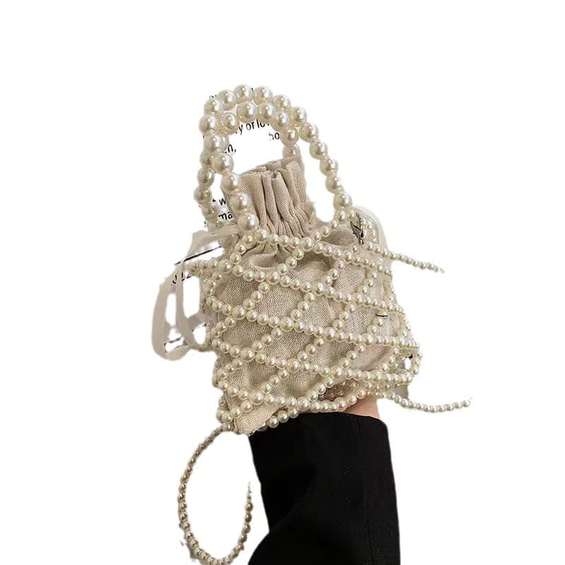 French Retro Fairy Bag Woven Beaded Bucket Bag Portable Crossbody Bag Summer Xiaozhong Design Hollow Pearl Bag