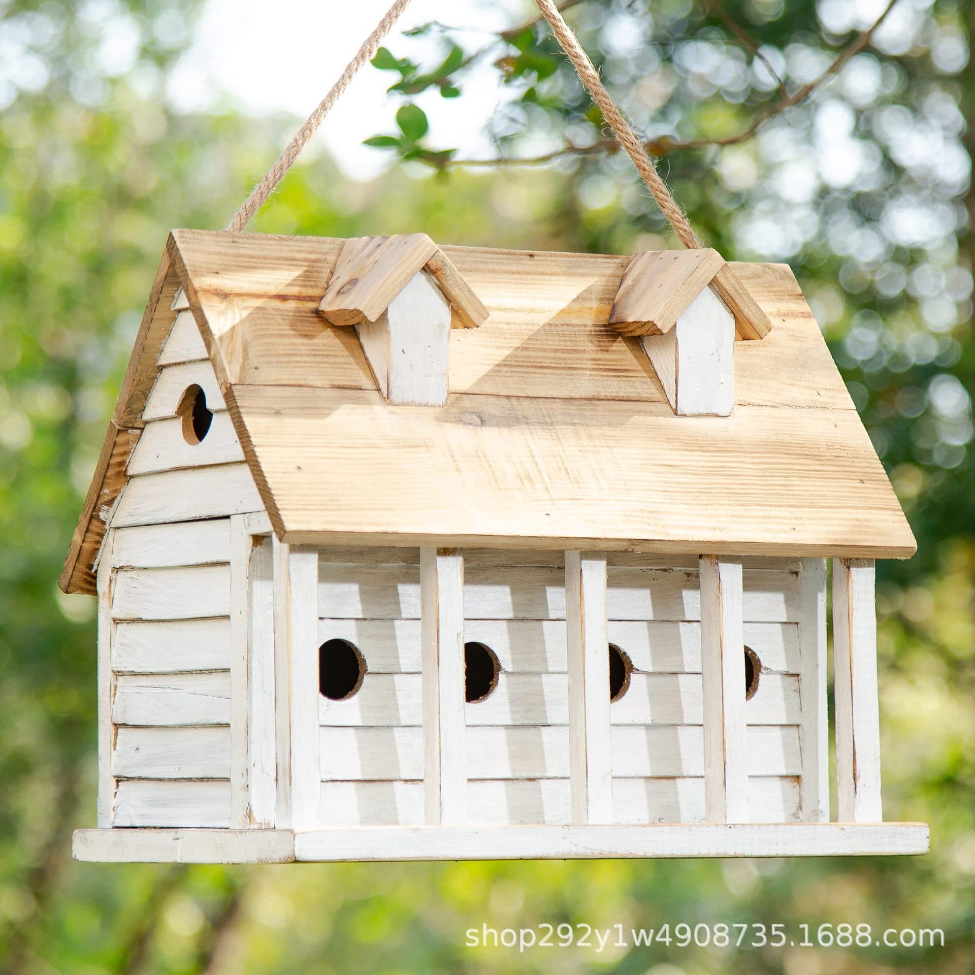 Wooden Hanging Birdhouse Tree Nest Box Multi-Hole Bird Shelter Parrot Bluebird House Garden Hanging Ornament Solid Wood Birdhouse