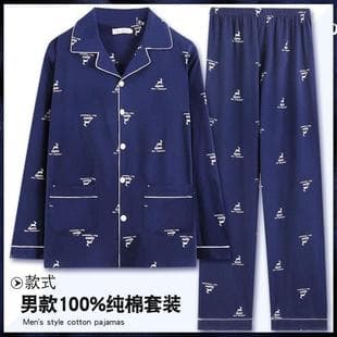 100% Cotton Men's Pajamas Autumn Long Sleeve Pure Cotton Casual Spring Autumn Youth Home Wear Loose Set