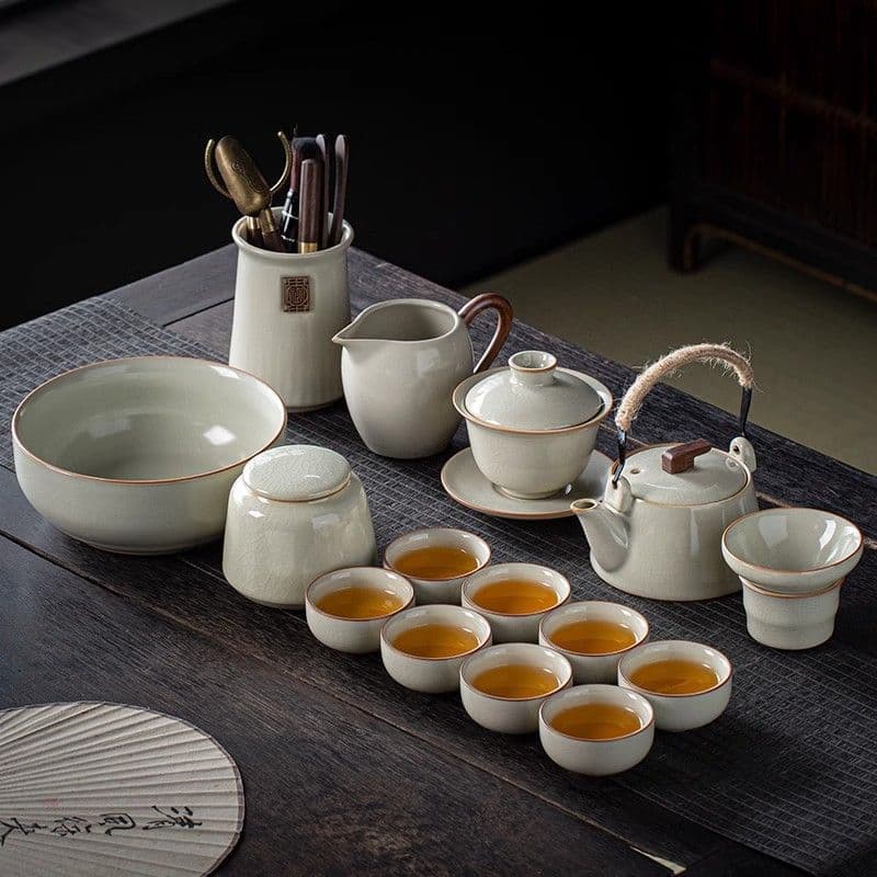 Huang Ru Kiln Tea Set, Gongfu Home Full Ceramic Set with Hanging Handle Teacups, Teapot, and Tray, Chinese Style for Camping