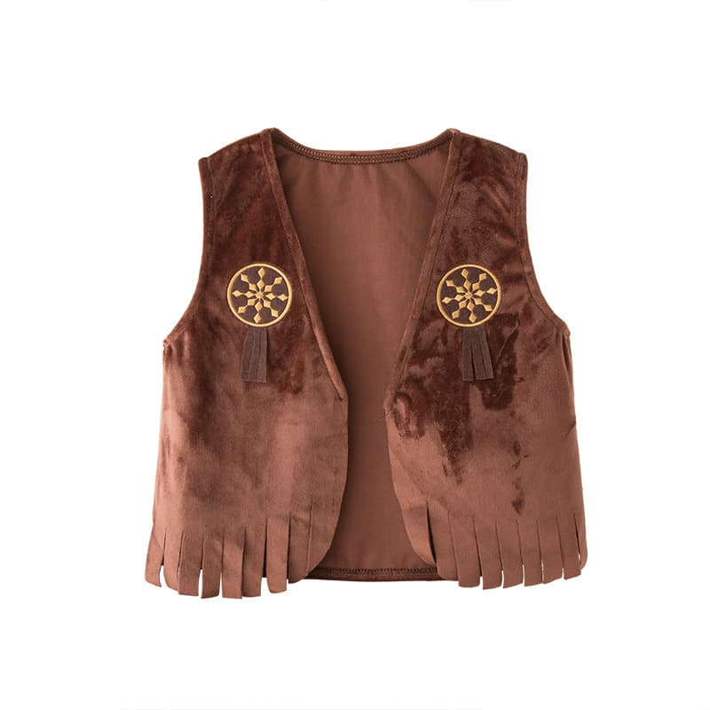 Kids Western Cowboy Vest Festival Costume, Role-Play Costume, Performance Outfit, Brown Suede Vest with Scarf and Hat