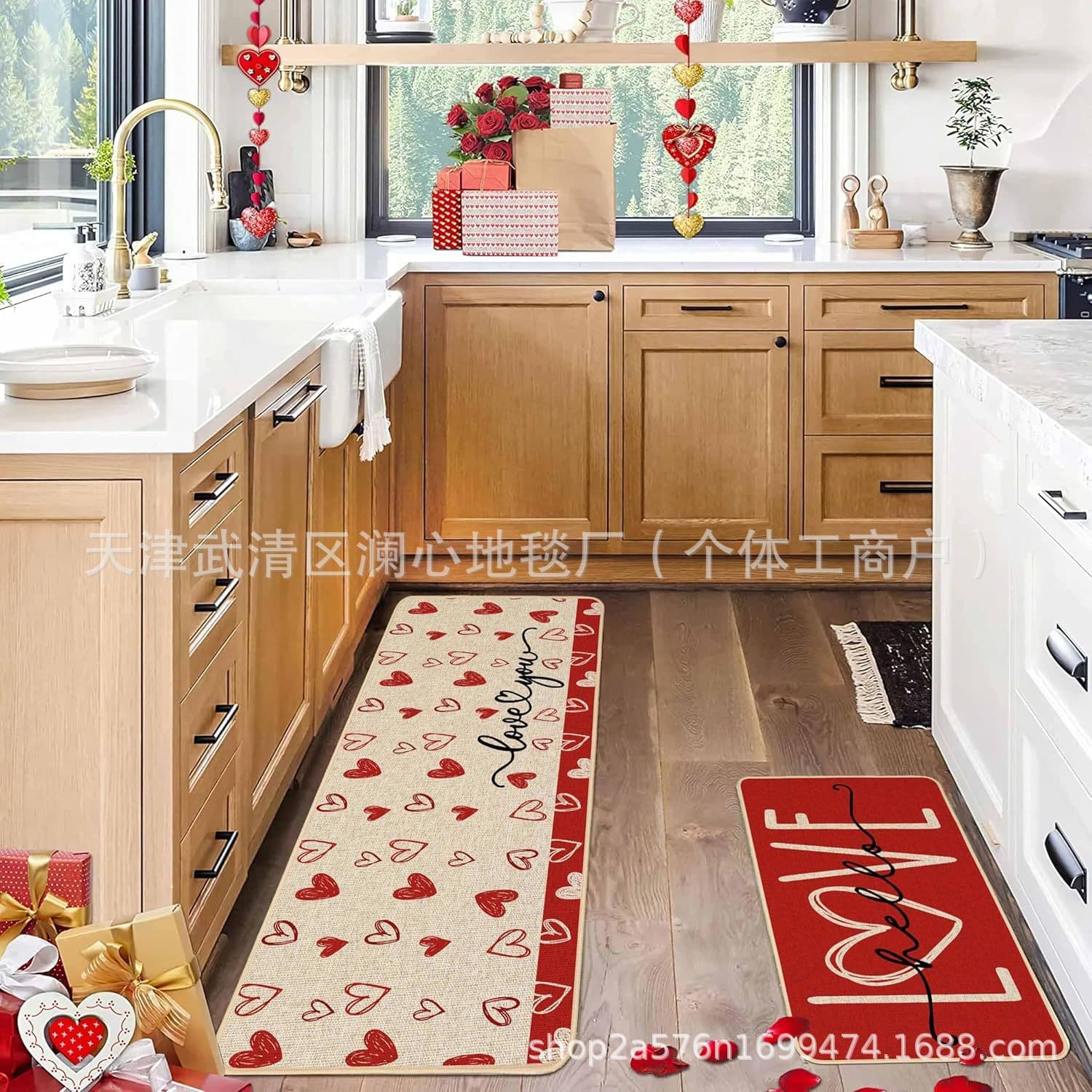 New Valentine's Day Kitchen Mat 2-Piece Set Heart Decorative Kitchen Mat Cross-border Living Room Bedroom Mat In Stock