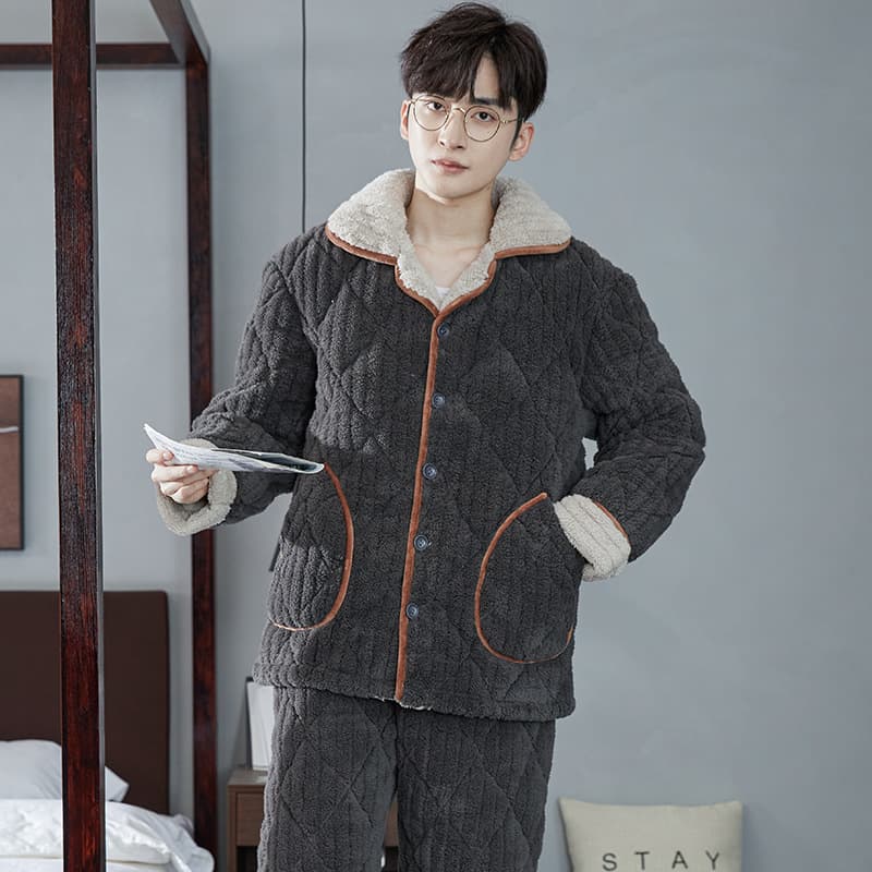Autumn and Winter Men's Pajamas Flannel Fleece-Lined Thickened Home Wear Long-Sleeve Two-Piece Set Long-Sleeve Long Pants Set