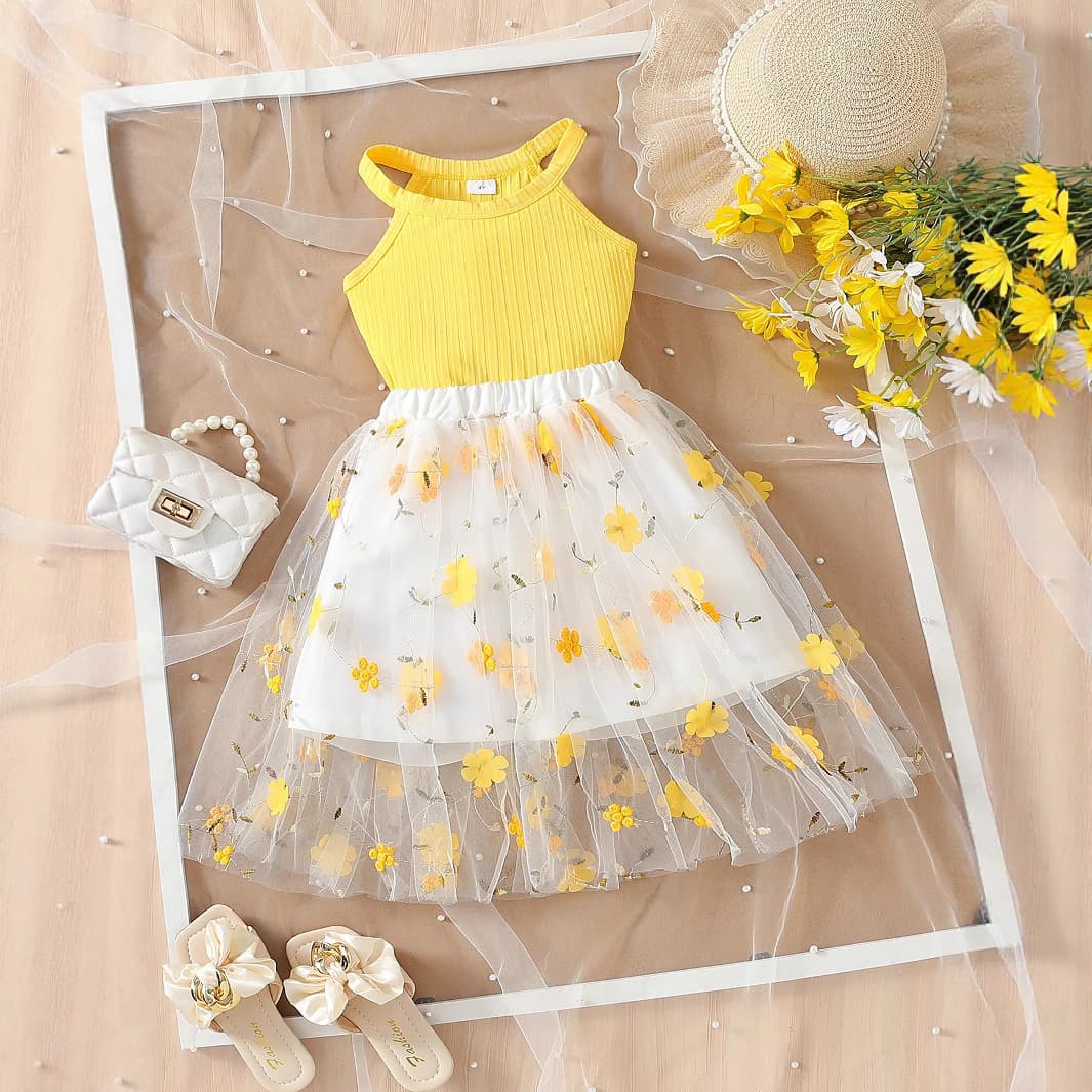 Summer girls elegant half pants suit solid color top halter neck bottoms floral mesh shorts