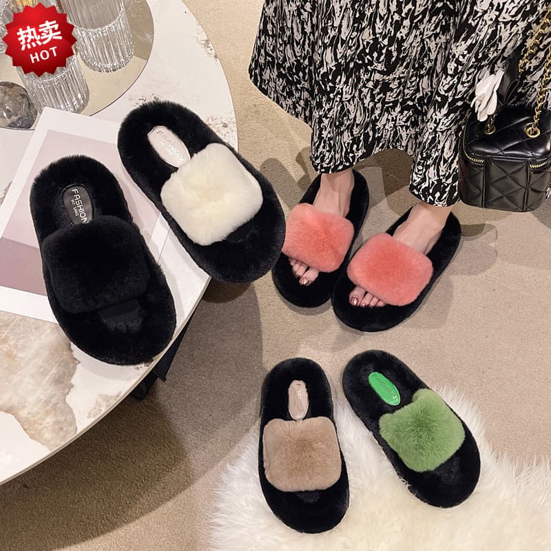 Women's Thick-Soled Furry Slippers 2024 Summer Autumn New Indoor Home Air-Conditioned Room Lazy One-Strap Cotton Slippers