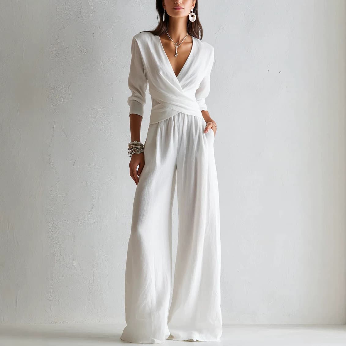 2026 European and American cross-border autumn new foreign trade women's clothing solid color temperament V-neck long-sleeved tops wide-leg pants suit