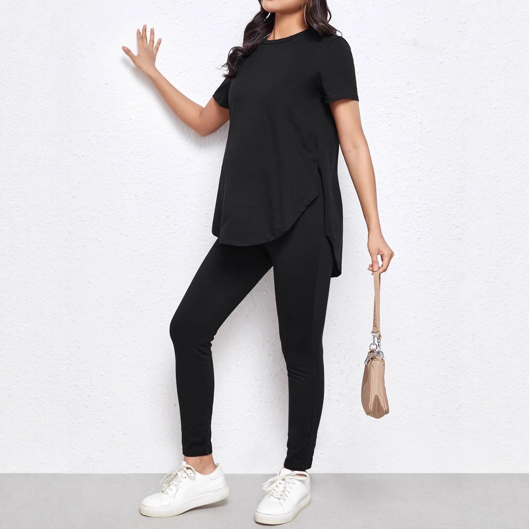 Cross-border Amazon Maternity Clothing solid color short-sleeved top and trousers suit maternity two-piece set