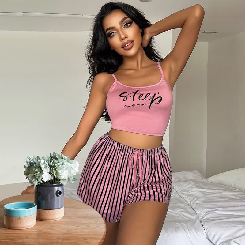 2023 New European and American Style Lingerie Camisole Sleepwear Drawstring Shorts Letter Striped Print Homewear Suitable for Outdoor Wear