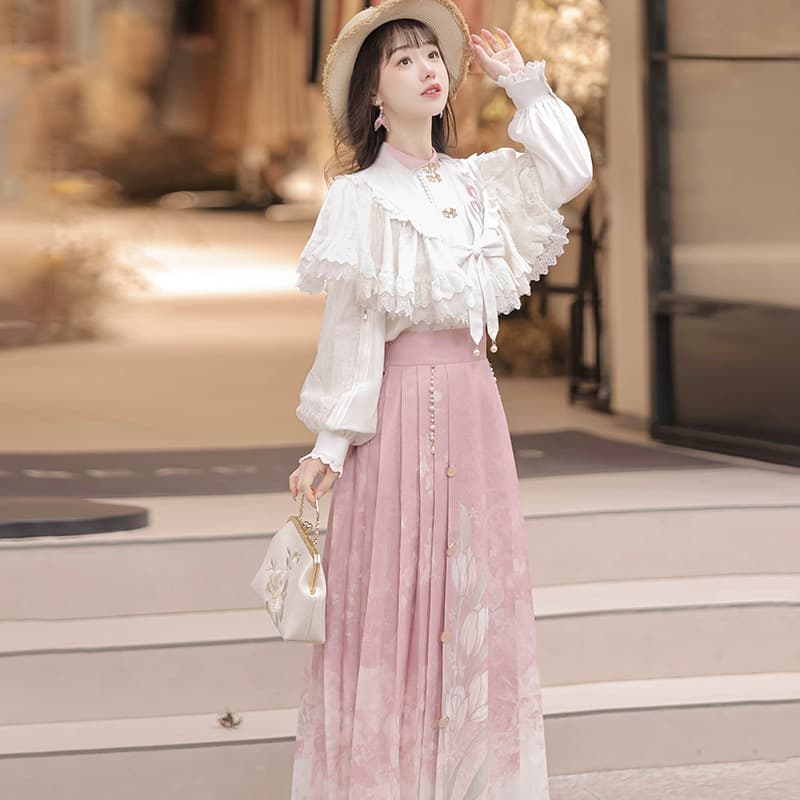 Original To Tulip Hanfu Women's Chinese Style Improved Han Element Top, Skirt, and Outer Cape Set 7013