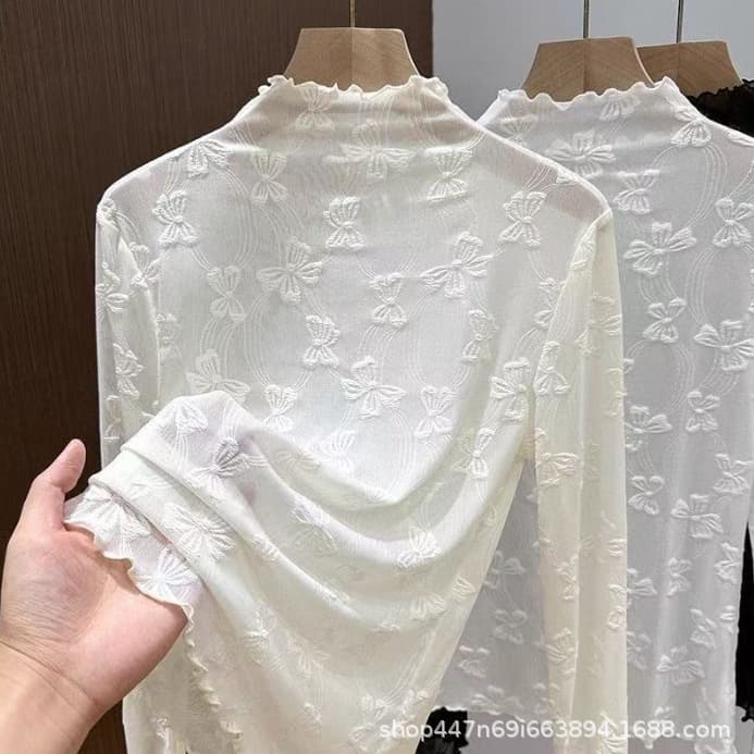 2025 New Arrival Semi-High Neck Sheer Base Layer Top Women Mesh Long Sleeve Spring Jacquard Lace Blouse