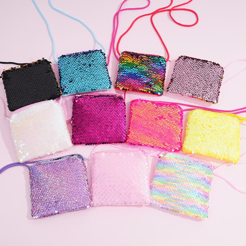 Cross-border foreign trade square sequined cute children's schoolbag crossbody bag colorful cartoon zipper coin wallet colorful