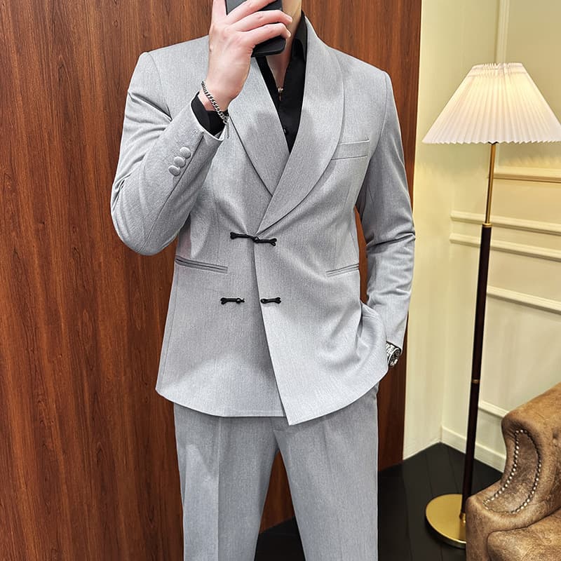 New Autumn Vintage Men's Suit Two-Piece Set with Shawl Collar and Ethnic Knot Button Design