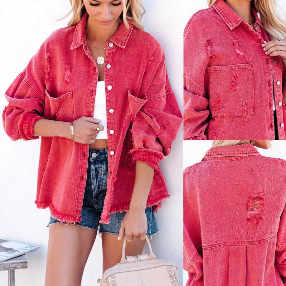 Factory Direct 2025 New Cross-Border Retro Street Ripped Raw Hem Denim Jacket with Lapel Long Sleeve for Women