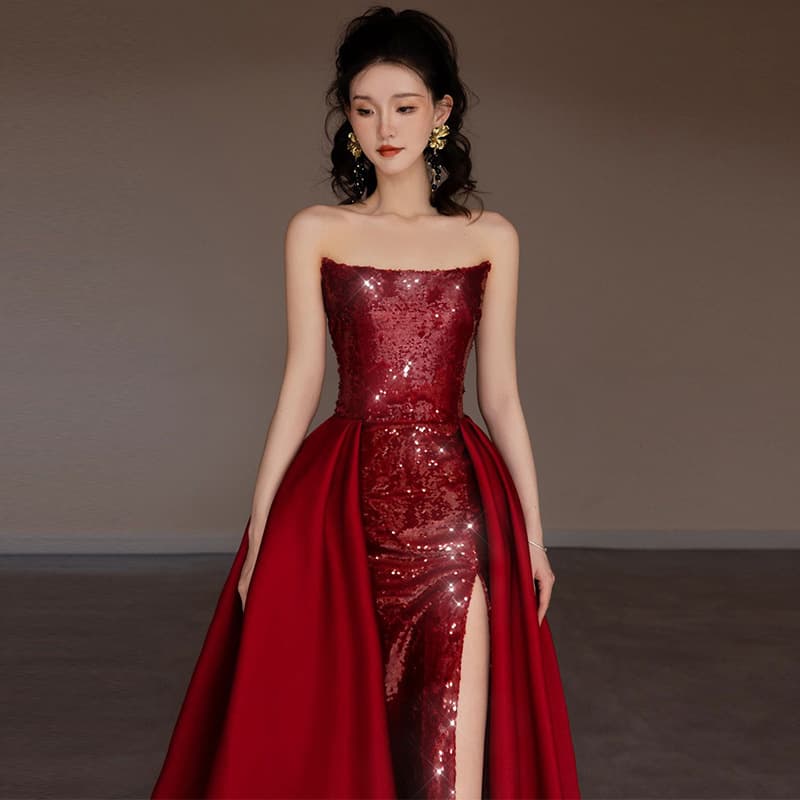 Bridal Toast Dress Summer Strapless Wedding Return Door European and American Engagement Dress Daily Wear French Red Evening Gown