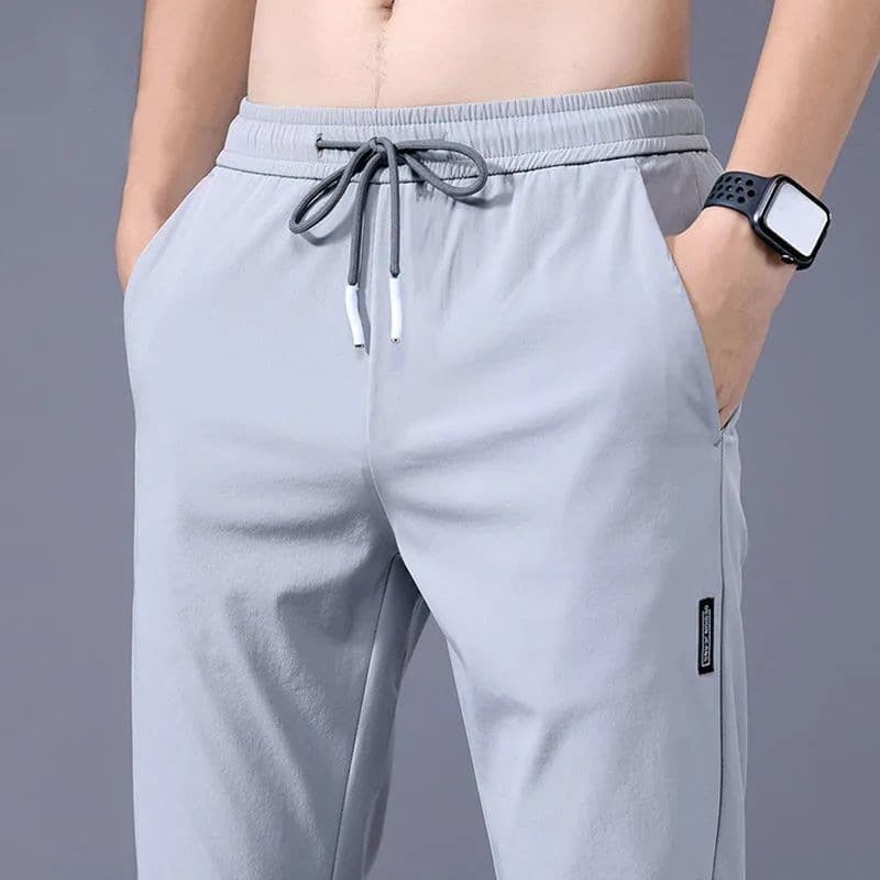 Drawstring straight pants men's loose large size casual pants summer thin ice silk nine-point pants men's sports pants