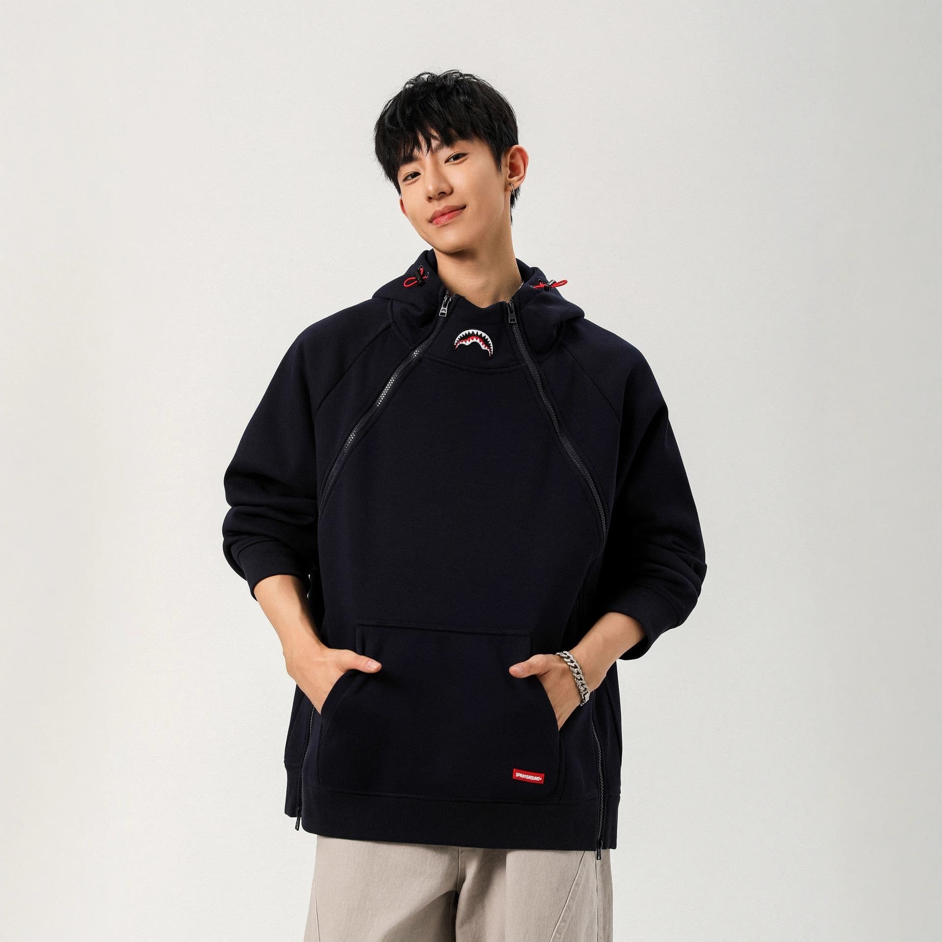 Shark Mouth Embroidery Double-Zip Hoodie Men's Trendy Streetwear Heavy-Duty American-Style Cleanfit Zip-Up Jacket