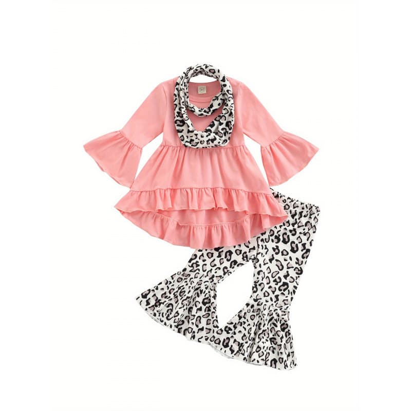 H 329 Kid Girl 3pcs Suit Long Ruffle Sleeve A Lined Tops