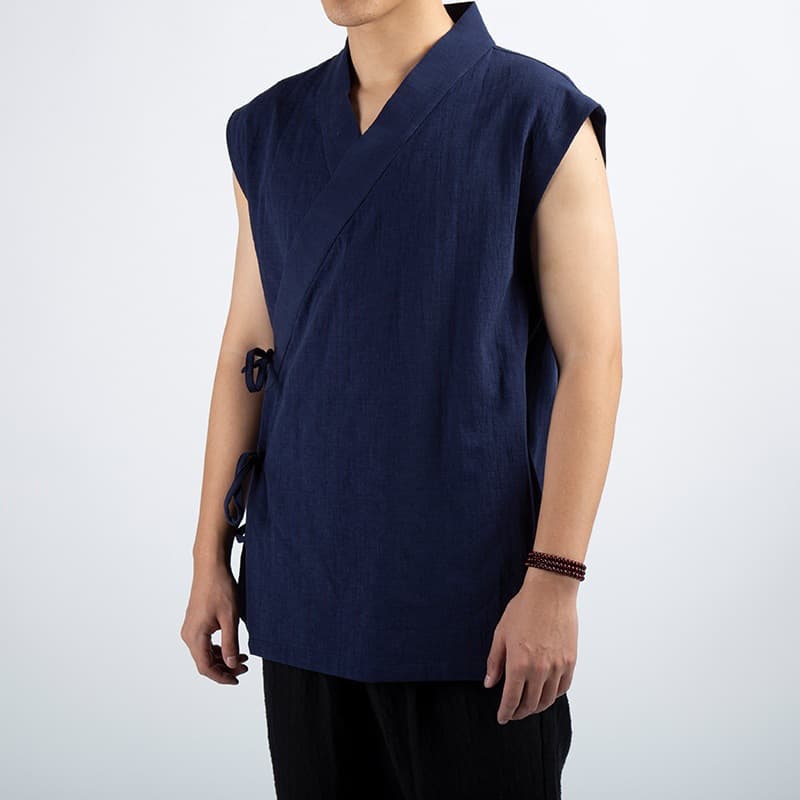 2022 summer Chinese-style men's retro solid color cotton-linen sleeveless Hanfu men's trendy casual short-sleeve outerwear.