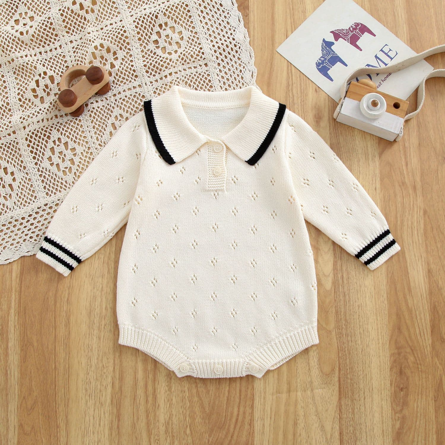 Unisex Baby 100% Cotton Knit Turn-Down Collar Breathable Long-Sleeve Bodysuit Spring Autumn Infant OME Custom Children's Clothing Romper