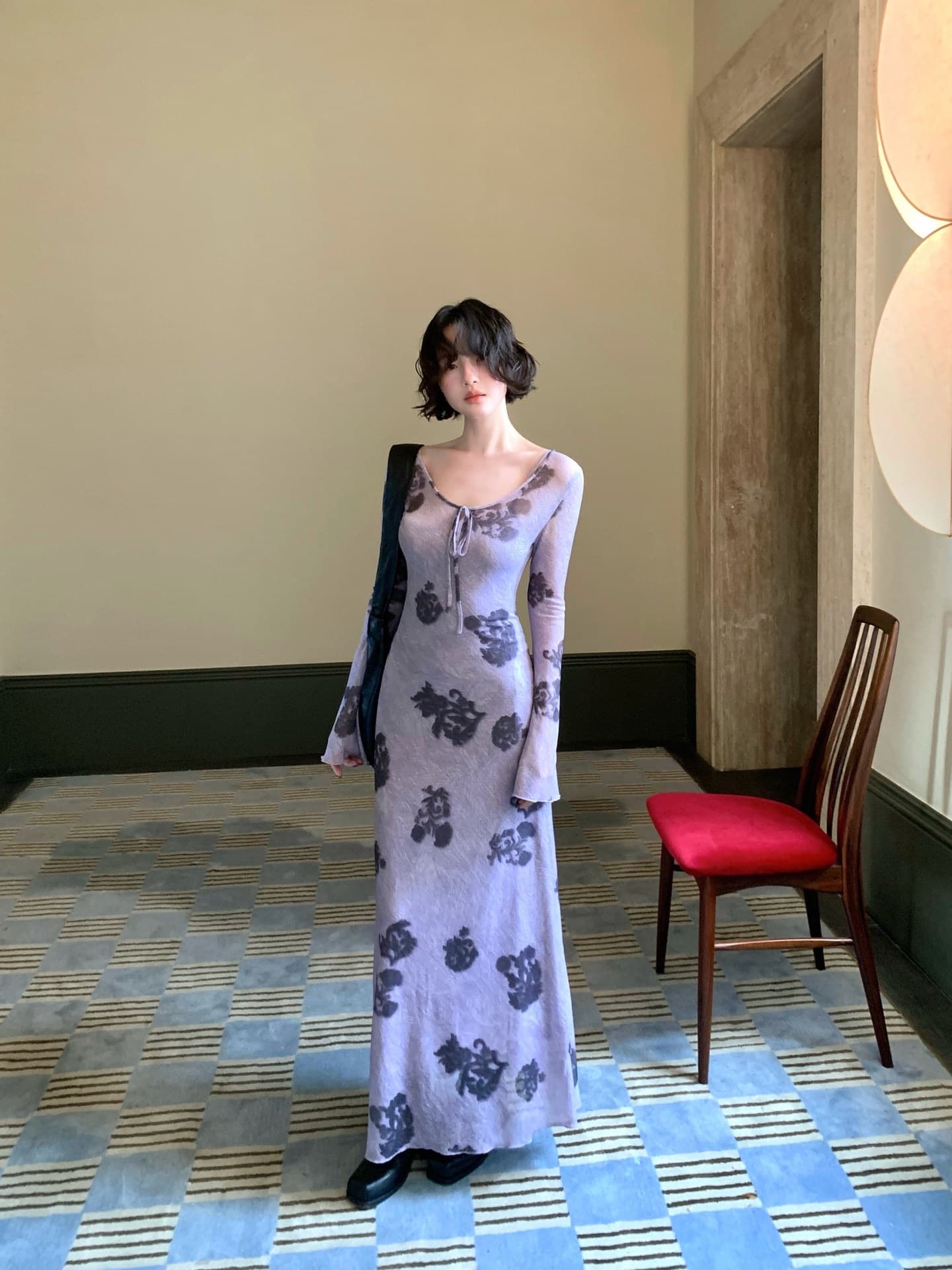French Vintage Floral Print Long-Sleeve Dress for Women, High-End Waist-Cinching A-Line, Elegant with Built-in Camisole Two-Piece Set
