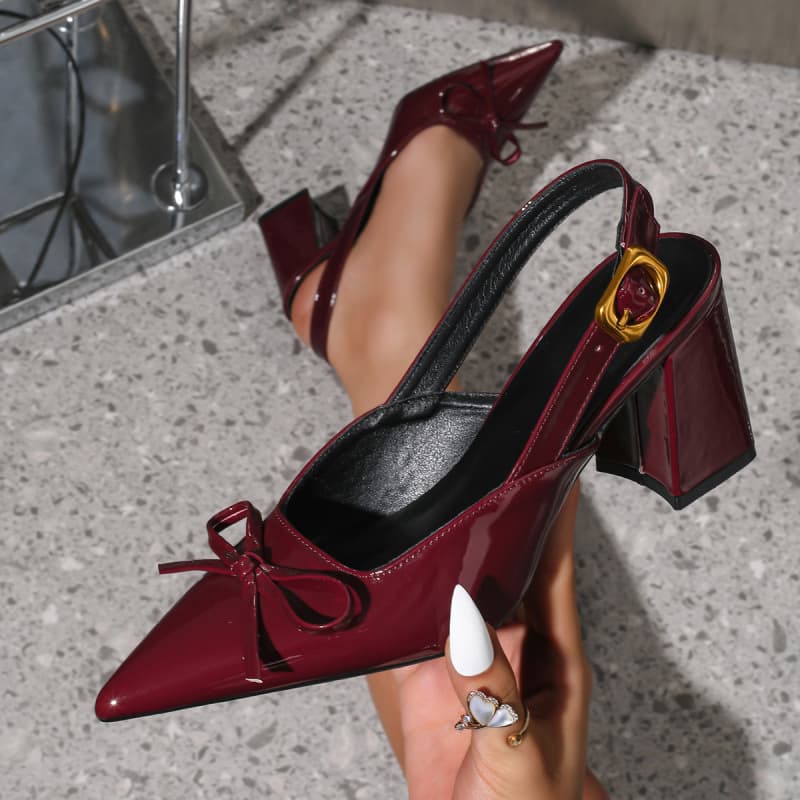 Wholesale Cross-Border Trade Bow Pointed Toe High Heels Chunky Heel Sexy Patent Leather Closed-Toe Slingback Women's Shoes