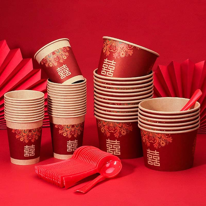 Zixuan Packaging Disposable Red Paper Bowls for Wedding Banquets, Tea Ceremony Bowls