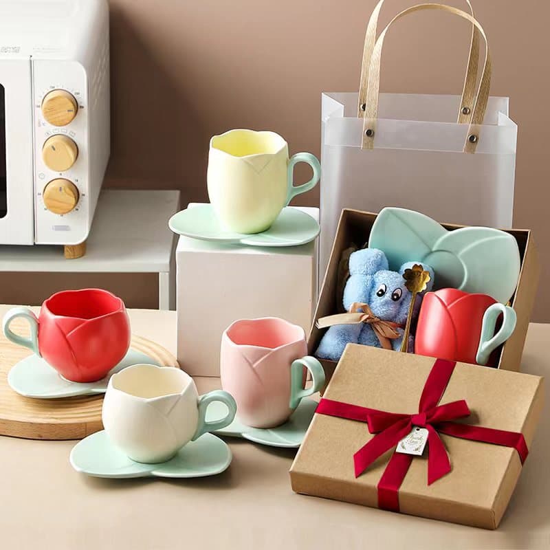 Ceramic Tulip Coffee Cup and Saucer Gift Set Large Capacity Coffee Cup Home Breakfast Cup LOGO Advertising Cup