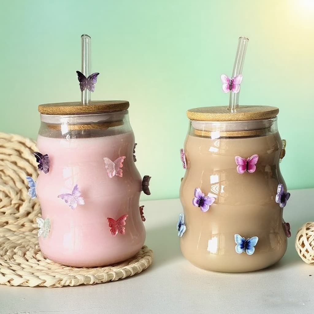 High-Looking 3D Butterfly Cup, High Borosilicate Glass Straw Cup with Bamboo Lid, Cola Coffee Cup, Juice Cup