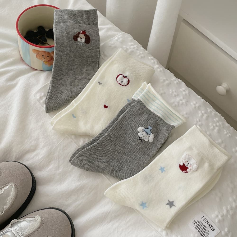 Cute socks women's cotton socks white apple gray dog mid-calf socks ins trendy Japanese cartoon college style stockings