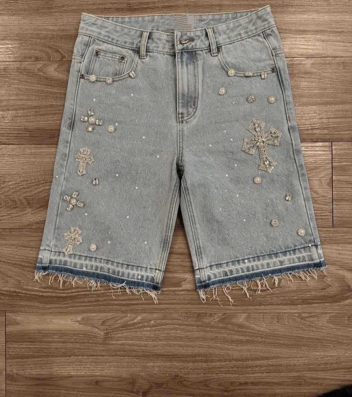 European and American Cross-border High Street Full Rhinestone 2025 New Hip Hop Cross Straight Leg Rhinestone Denim Shorts, Five-Point Jeans