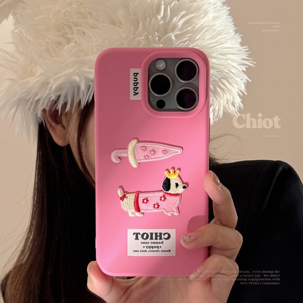 [Supply] Cute Embroidered Dachshund Soft Phone Case Compatible with iPhone 16 Pro Max, iPhone 17, 3D Design for iPhone 14, Cartoon Style for iPhone 13