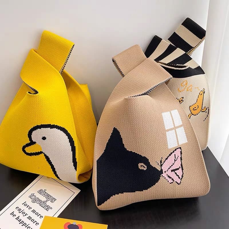 Ins Popular Handbag for Women, Knitted Yarn Bucket Bag, Japanese Korean Edition Versatile Hand Carry Casual Tote Lunch Bag