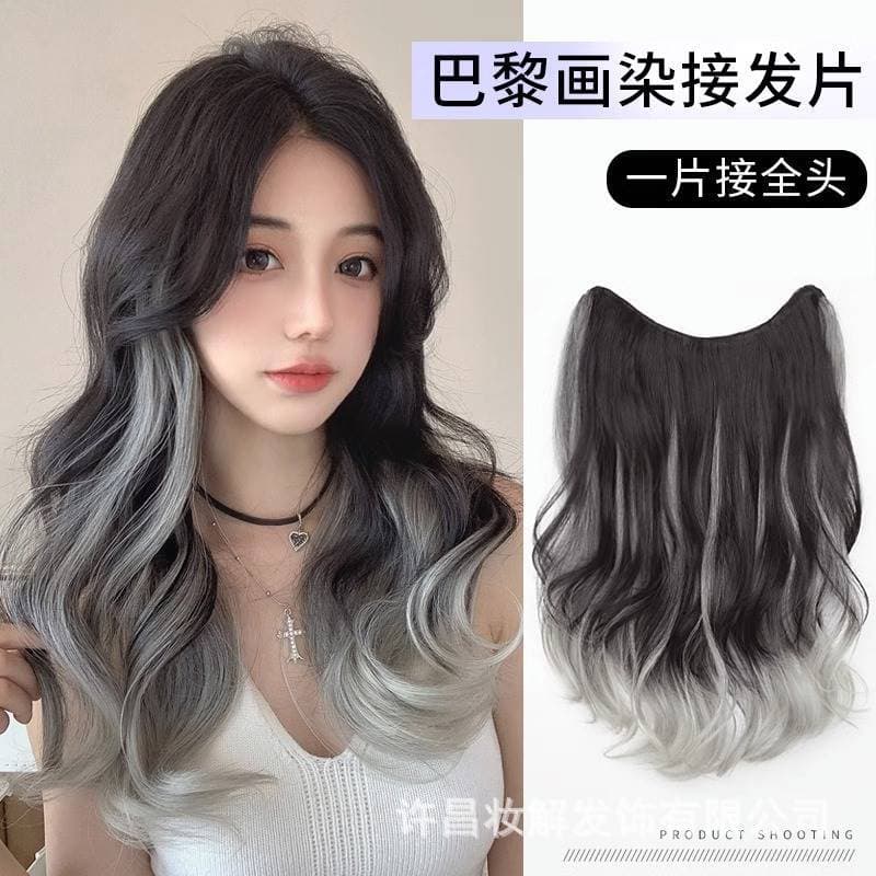Gradient highlight wig fluffy female long curly hair one piece invisible seamless hair extension patch artificial hair wig