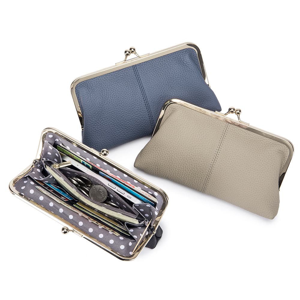 Minimalist Fashion Clutch Bag Genuine Leather Long Handbag Top Layer Cowhide Kiss Lock Storage Bag Large Capacity Phone Bag for Women