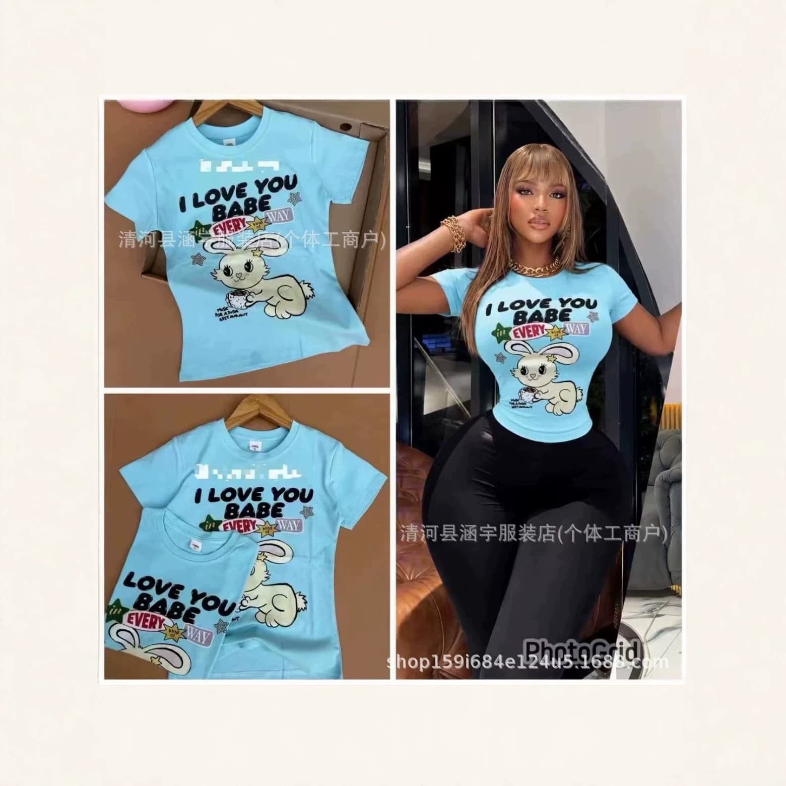 Basic Tops Cross-Border Foreign Trade Basic Tops for Women Stretch Cotton Cartoon Rabbit Print Slim Fit European and American Short Sleeves