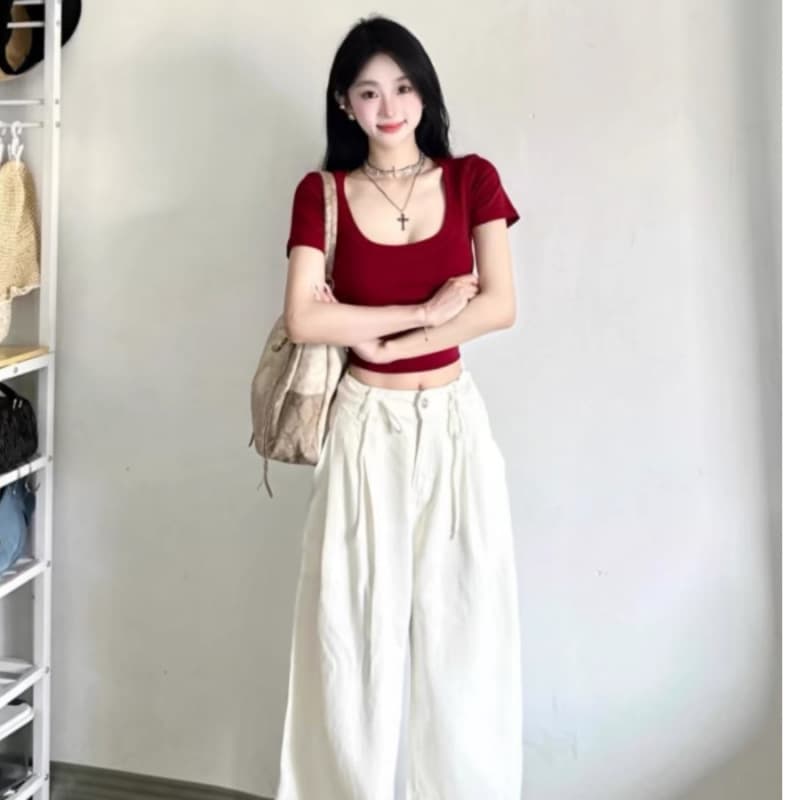 Red U-Neck Short-Sleeve Shoulder T-Shirt Women's 2024 Summer New Simple Hot Girl Fashionable Slim-Fit Short Top