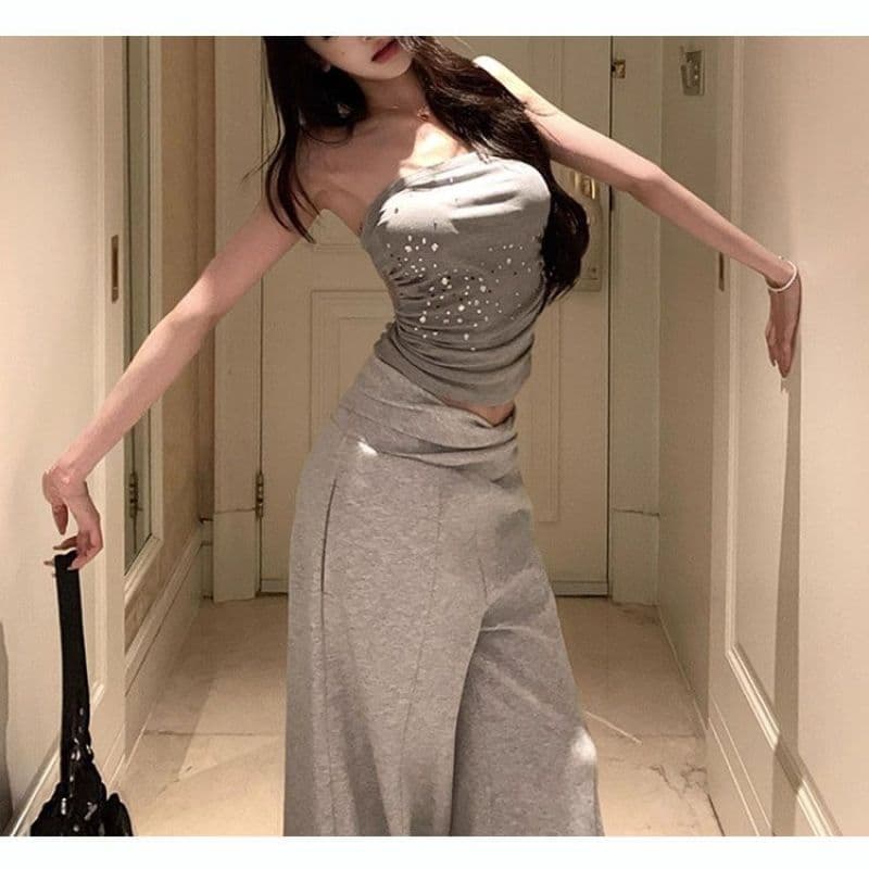 Hot Diamond Design Gray Trendy Tube Top for Women Summer New Sexy Fitted Waist-Cinching Short Crop Top