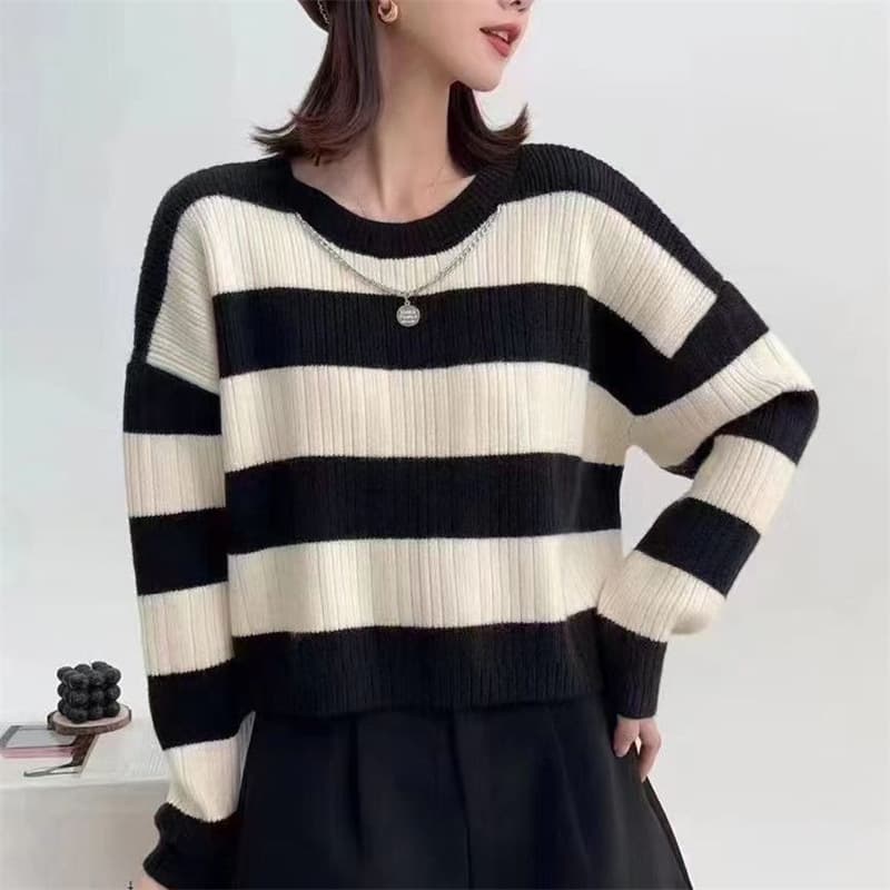 Striped Knit Sweater for Women 2025 Fall Winter New Casual Loose Slimming Contrast Color Round Neck Pullover Sweater