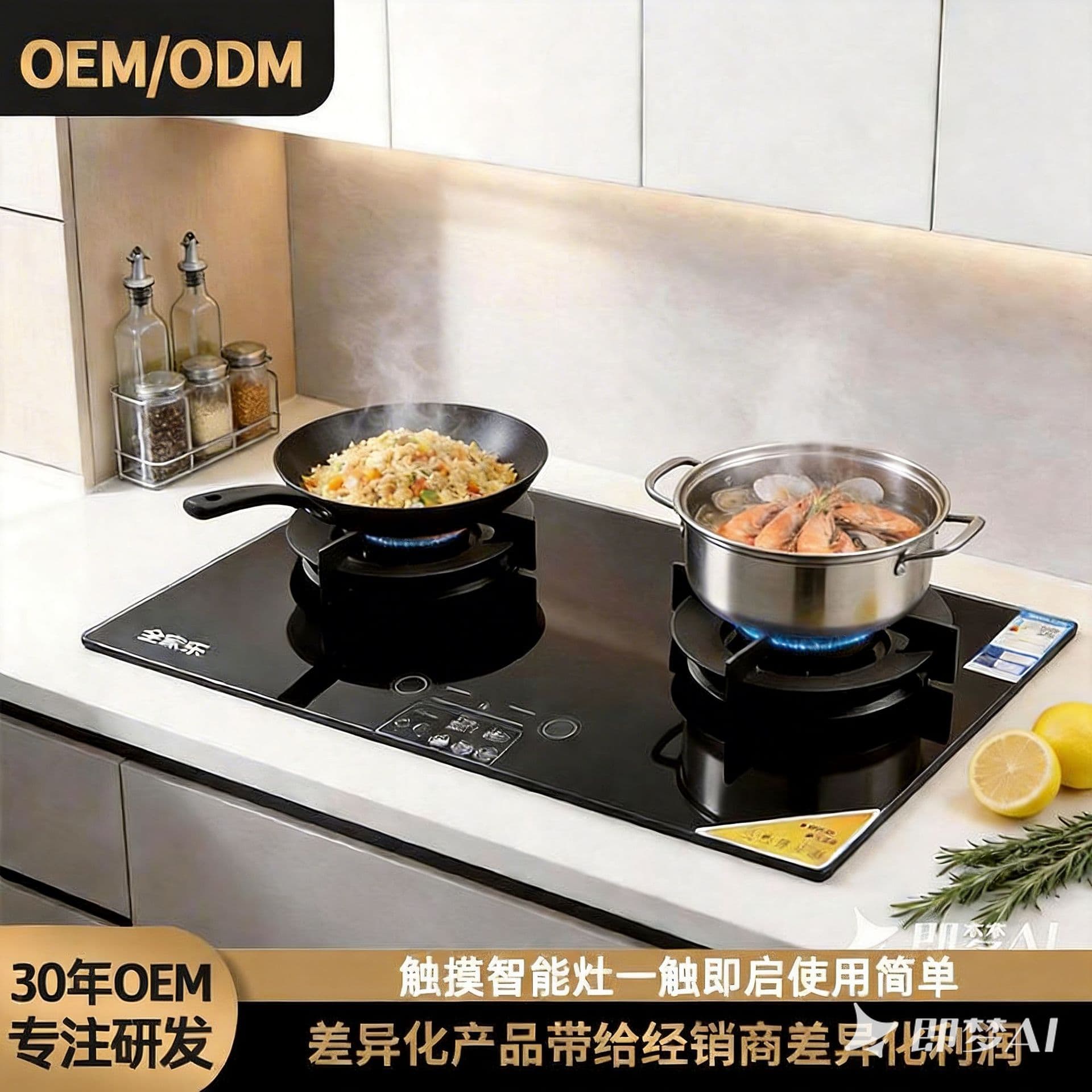 Custom Wholesale Gas Stove Smart Touch Screen Natural Gas Stove Liquefied Gas High-Fire Embedded Dual-Burner Gas Stove