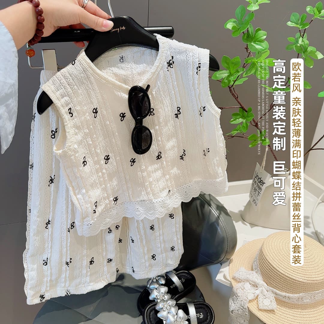 Summer new children's Korean fashionable tops and wide-leg pants two-piece set for girls with bow and lace vest sets