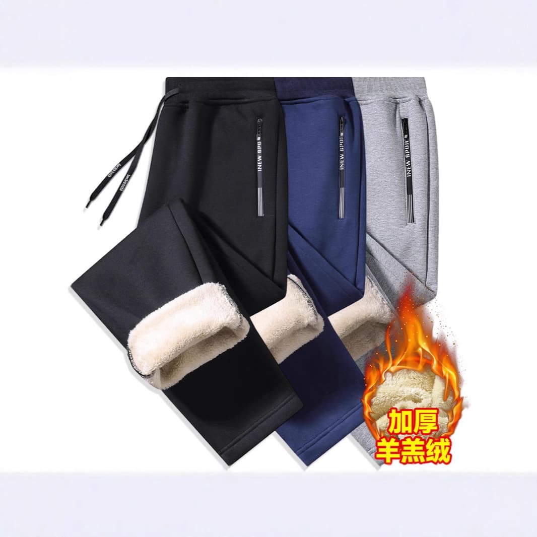 Cross-border fleece-lined thickened lamb fleece sweatpants, flat hem straight-leg cuffed fleece pants, fashionable casual sport pants