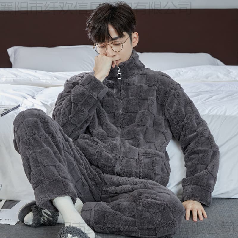 Autumn Winter Men's Coral Fleece Pajamas Thickened Long Sleeve Flannel Homewear Set Wearable Outdoors