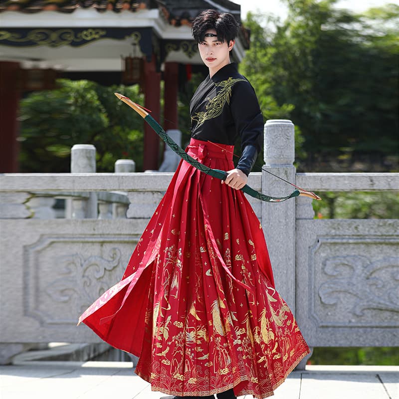 New original men's Chinese-style Han elements embroidered cross-collar long-sleeved bronzing horse-face skirt red martial arts style CP suit